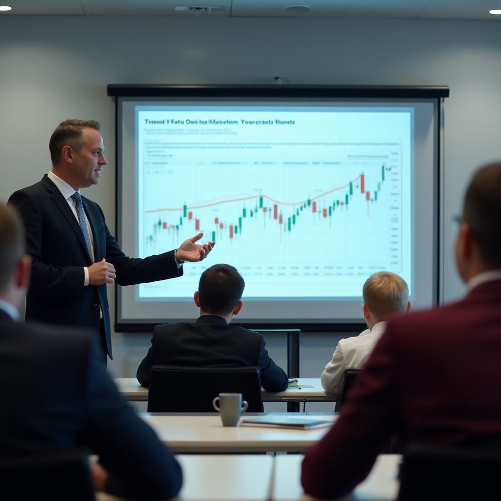 Instructor explicando gráficos de tendencias del mercado petrolero